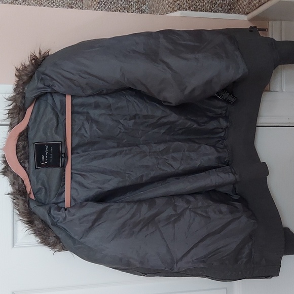 Dark Gray Faux Leather and Fur Bomber Jacket - Picture 3 of 3